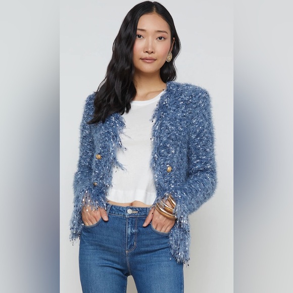 L’AGENCE Azure Fringe Cardigan Blazer in Blue Multi Medium - Picture 3 of 14